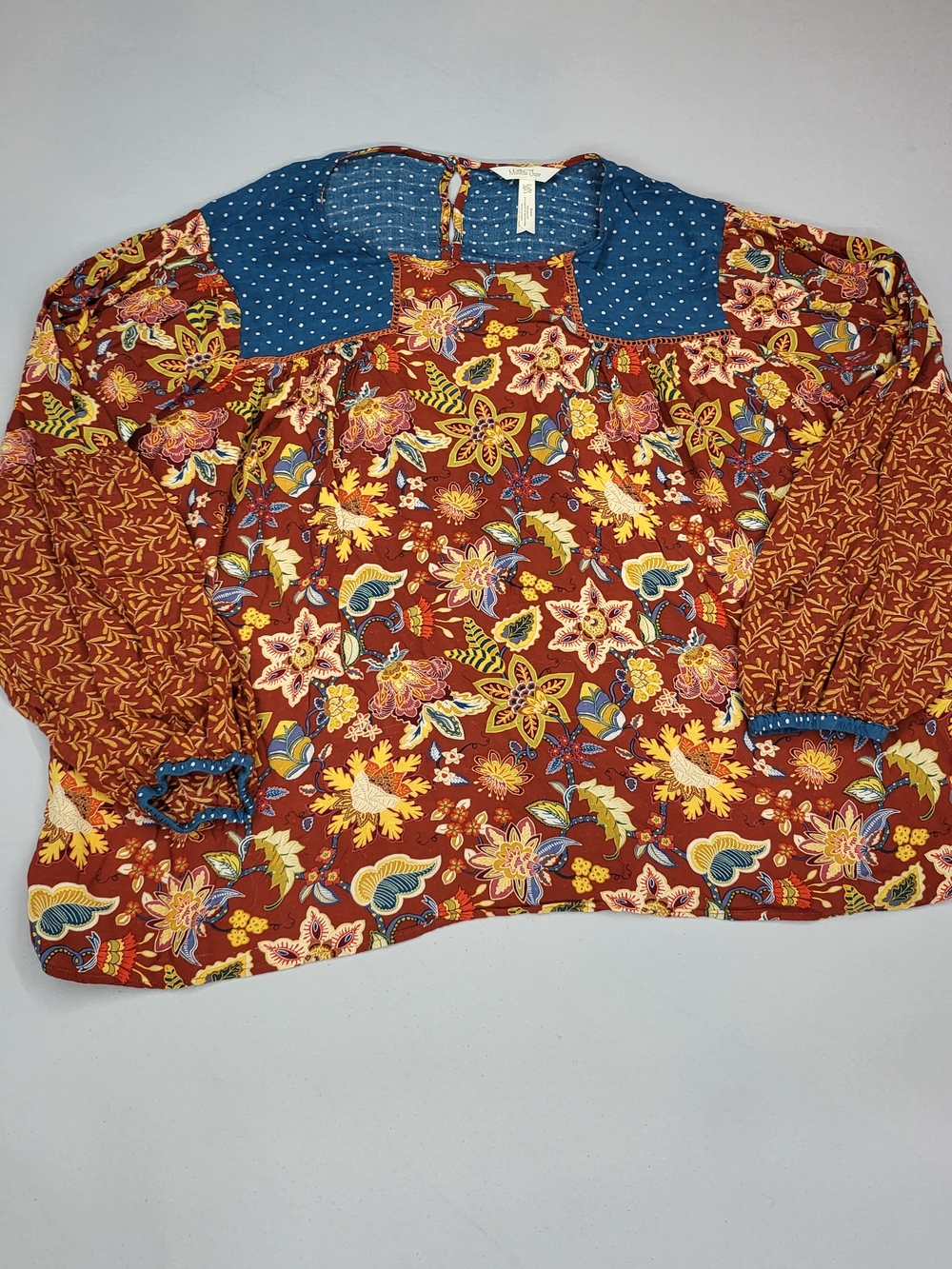 Matilda Jane Rust Floral Patchwork Blouse with Blue Accents